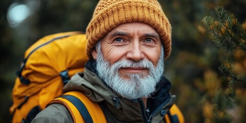 outdoor hiker in a knit beanie and olive jacket carrying a bright yellow backpack in a pine forest, calm and contemplative mood