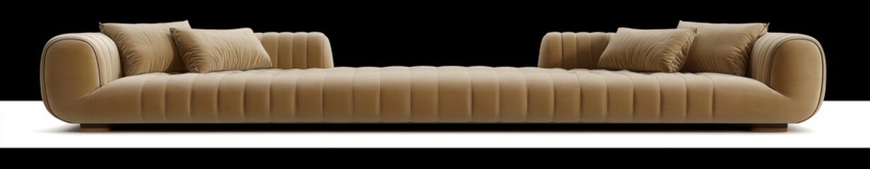 long low-profile camel velvet tufted sofa with rounded arms and multiple throw pillows on white floor against black background, inviting luxurious and cozy lounge