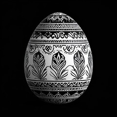 ornate black and white decorated egg with intricate floral and geometric patterns, symmetrical and elegant, serene mood