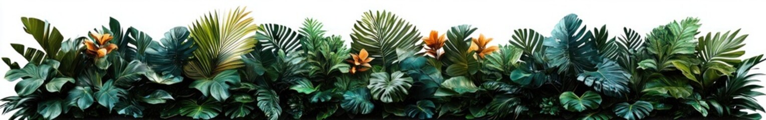 Fototapeta premium lush horizontal band of tropical green leaves and palm fronds with bright orange exotic blooms on a clean white background, vibrant and refreshing