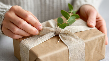 Elegant gift wrapping with linen ribbon and greenery - perfect for special occasions