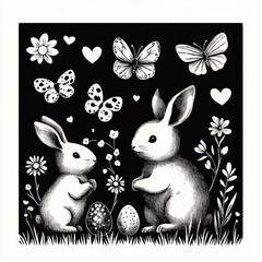 Two rabbits facing each other amid flowers, butterflies, hearts and decorated eggs in a whimsical tender spring meadow illustration