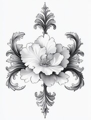 Monochrome ornamental floral illustration featuring a large central bloom with layered petals and symmetrical swirling acanthus leaves, delicate and elegant, serene decorative motif