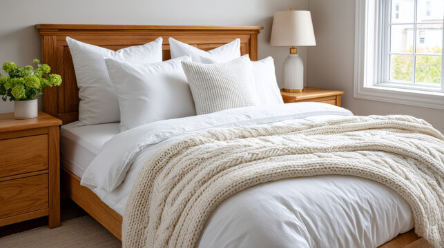 Cozy spring bedroom with layered textures and white bedding