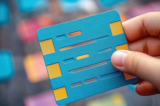 Hand holding a blue square puzzle tile with yellow corner accents and horizontal slots, colorful blurred game pieces in background, playful curious mood - Powered by Adobe