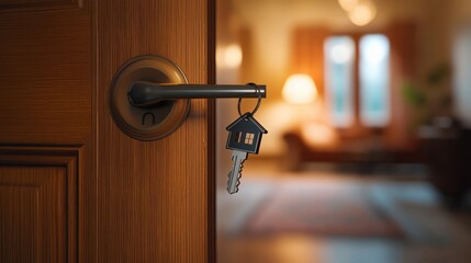 Obraz premium house-shaped key on a metal keyring hanging from a door handle of a wooden door with a warm cozy living room visible through the open door, inviting atmosphere