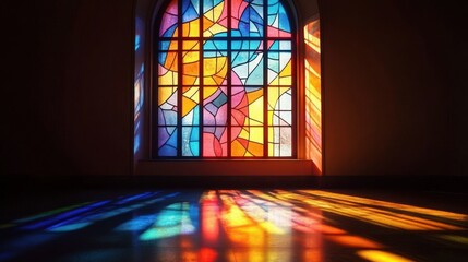 arched stained glass window with vibrant abstract panels casting colorful sunlight reflections across an empty interior floor, creating a serene contemplative atmosphere