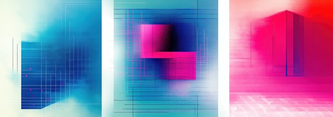 triptych of three vertical panels with neon blue and pink gradients, geometric grids, stacked rectangles, fine lines and dots, hazy texture evoking a futuristic dreamy energy