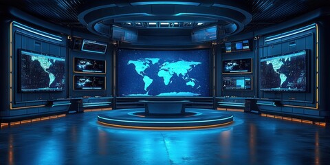 empty futuristic command center with circular platform, large world map display, multiple wall monitors and data screens, blue ambient lighting and sleek metallic interior, calm authoritative mood