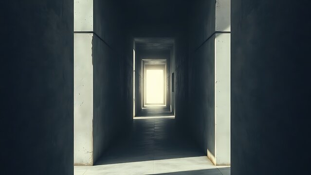 narrowing. Abstract architectural passage with distorted walls narrowing toward a distant light source, creating dramatic shadows. real-estate listings.