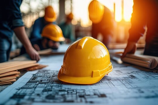 yellow safety helmet on architectural blueprints with rolled plans, wooden boards and construction workers in warm sunset light conveying focused teamwork and planning