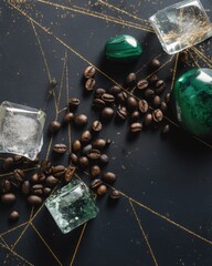 Scattered coffee beans, teal-green stones, and clear ice cubes on a dark background with gold geometric designs create a sophisticated and natural aesthetic.