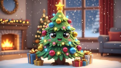 Cute Cartoon Christmas Tree Character with Sparkling Eyes and Ornaments in Cozy