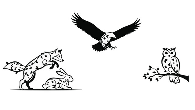 Wild animals in action: fox hunting rabbit, eagle flying, owl perched on branch