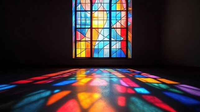 Colorful geometric stained glass window casting vibrant patterned light across an empty dark room floor, creating a serene and contemplative atmosphere