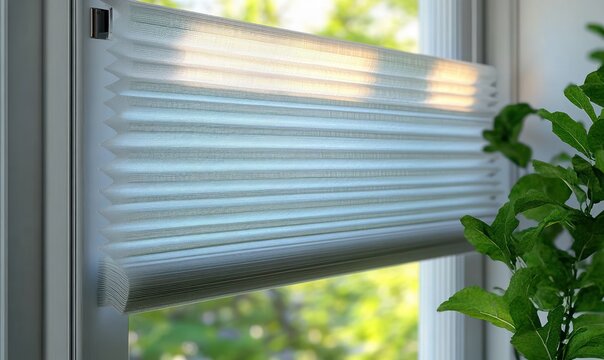 sunlit pleated window blind half lowered with soft filtered light and a green leafy houseplant creating a calm cozy morning atmosphere
