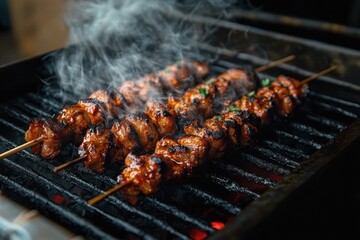 glazed charred chicken skewers sizzling on a hot charcoal grill with rising smoke and fresh herb garnish, savory and mouthwatering