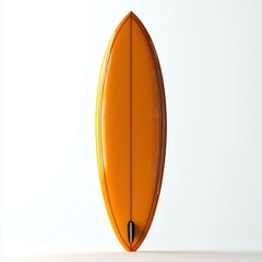 bright orange glossy surfboard with central stringer and single fin box standing upright on a white background, sleek minimalist and energetic