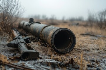 Abandoned rusted rocket launcher tube and rifle lying in frost-covered dry grass of a desolate winter field, evoking isolation, decay, and somber memory