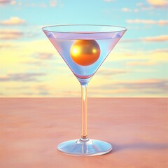 martini glass with clear liquid and a floating metallic golden sphere against a pastel sunset sky on a soft tabletop, serene dreamy minimalist still life evoking calm and elegance