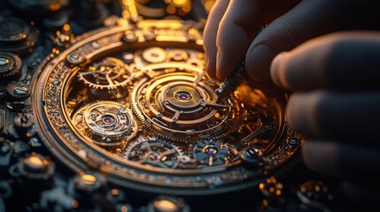 Close-up of hands delicately adjusting an ornate golden mechanical watch movement with tiny gears, jewels and screws, warm lighting conveying meticulous focus and precision