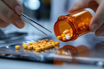 hands using metal tweezers to pick up yellow and white round tablets spilled from an orange prescription bottle onto a blister pack on a reflective clinical surface, careful and precise