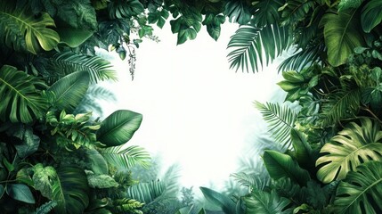 Verdant tropical foliage frame of palms, monstera and ferns surrounding a bright empty center, lush serene jungle leaves conveying freshness and calm