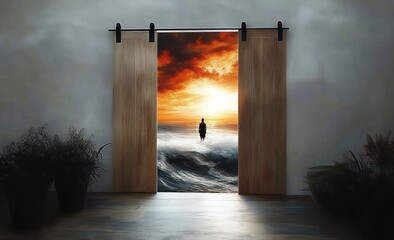 Wooden sliding doors opening onto a fiery sunset ocean, a lone silhouette standing in the waves, potted plants inside and a reflective floor conveying solitude and awe