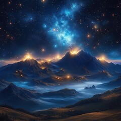 Majestic mountain range beneath a luminous starfield and blue nebula, mist-filled valleys dotted with warm glowing lights, evoking serene awe and nocturnal wonder