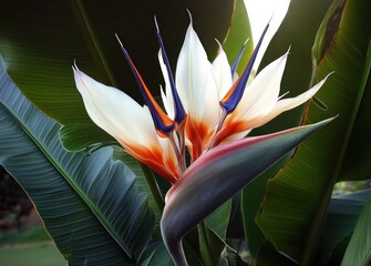 Elegant white and orange bird-of-paradise bloom with vivid blue accents among large glossy green tropical leaves, evoking calm wonder and exotic serenity