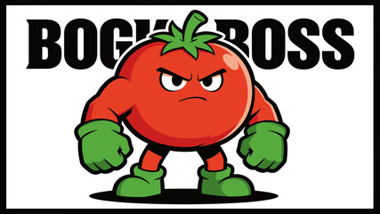 Angry muscular tomato cartoon character with green gloves and boots.