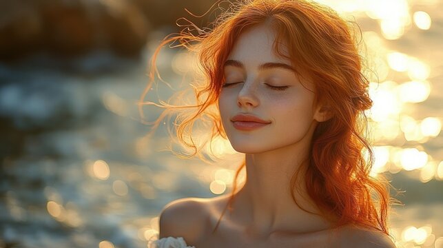 Red-haired woman with flowing hair at sunlit seaside during golden hour, soft bokeh water reflections and a serene dreamy mood - Powered by Adobe