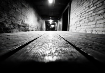 Dramatic Black And White Indoor Hallway With Brick Walls And Wooden Floor Dramatic Lighting