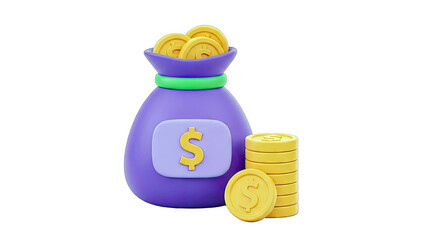 3D Render of a Purple Money Bag with Coins and Dollar Sign