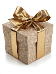 Elegant Gold Ribbon Tied Gift Box With Intricate Pattern Isolated On White Studio Background