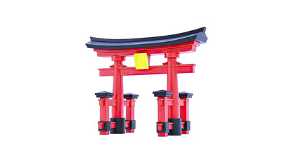 3D Render of a Red and Black Japanese Torii Gate with Yellow Plaque