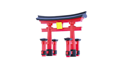 3D Render of a Red and Black Japanese Torii Gate with Yellow Plaque