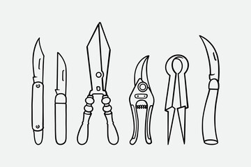Gardening tools outline icon set. Garden hand tool line art symbol pack. Pruning, Knives, Hedge shear, Divider, Sickle knife, Horticulture. Vector illustration.