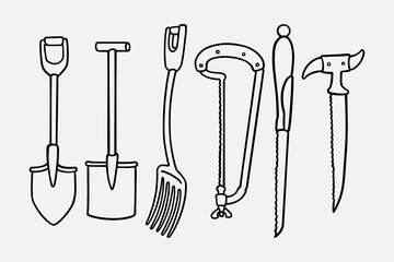Digging tools line art icon set. Gardening equipment solid element pack. Shovels, Forks, Chopping saws, Knives, Sickle knife. Vector illustration.
