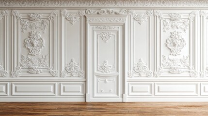 Elegant White Rococo Wall Panel Door With Ornate Plasterwork And Hardwood Floor