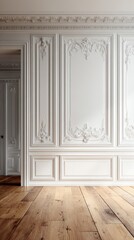 Elegant White Rococo Interior Wall Paneling with Ornate Plaster Details and Warm Wooden Floor