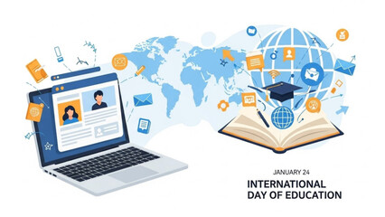 International day of education january 24, global learning, online courses, e learning, graduation, academic, educational resources, laptop, book, globe, icons