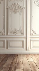 Elegant White Rococo Wall Paneling with Ornate Details and Aged Wooden Floor Warm Sunlight
