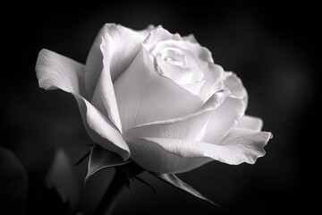 close-up of a single rose with delicate petals and stem against a dark background in soft monochrome light, conveying a serene elegant romantic mood