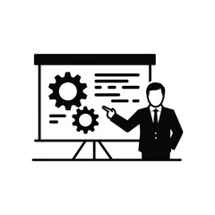 Business man presentation with gears and charts on whiteboard, concept of strategy and success in finance and technology, vector illustration on white background