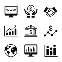 Financial and corporate business glyph icons including internet monitor money hands handshake growth chart bank building global trade statistics and digital marketing analytics for presentation