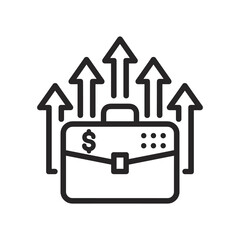 Financial business briefcase with dollar sign and several upward pointing arrows signifying monetary profit increase investment return and career advancement