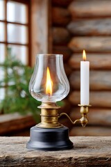 Oil lamp and candle illuminating rustic wooden home