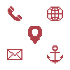 Pixel art style set of five maroon contact icons including telephone receiver globe location pin envelope and anchor representing navigation communication and support