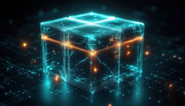translucent holographic neon cube with glowing circuit grid and orange energy nodes on a dark digital surface, futuristic and mysterious - Powered by Adobe